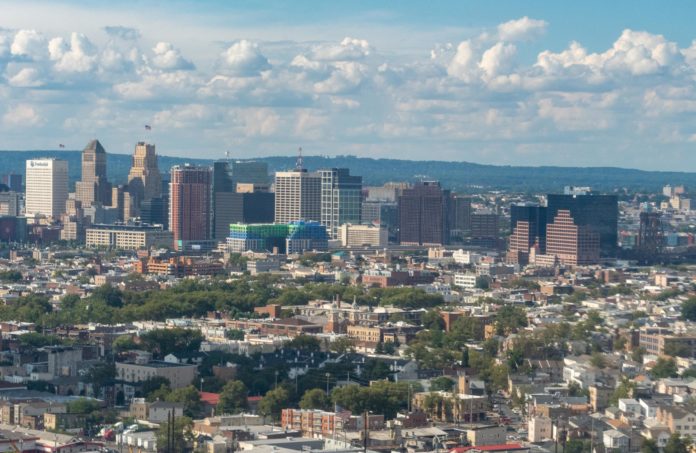 Aerial view of the skyline of Newark, New Jersey.