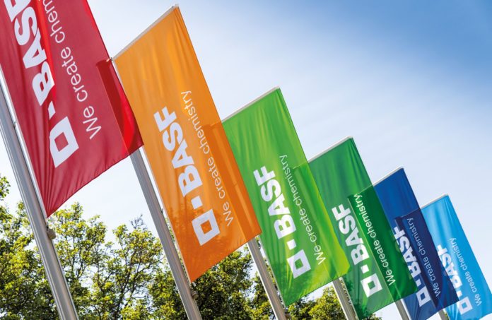 BASF flags at the Ludwigshafen site